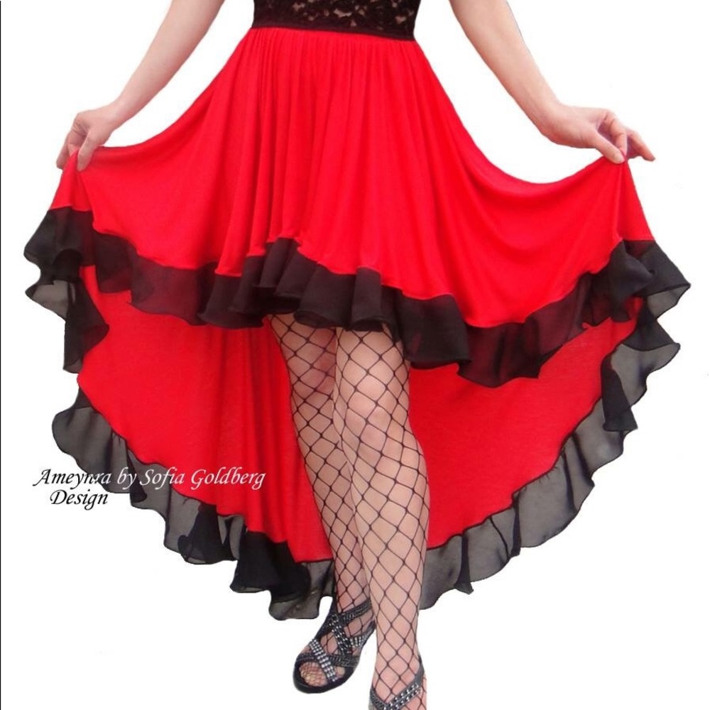 Ameynra high low skirt. Red rayon skirt with black chiffon ruffle